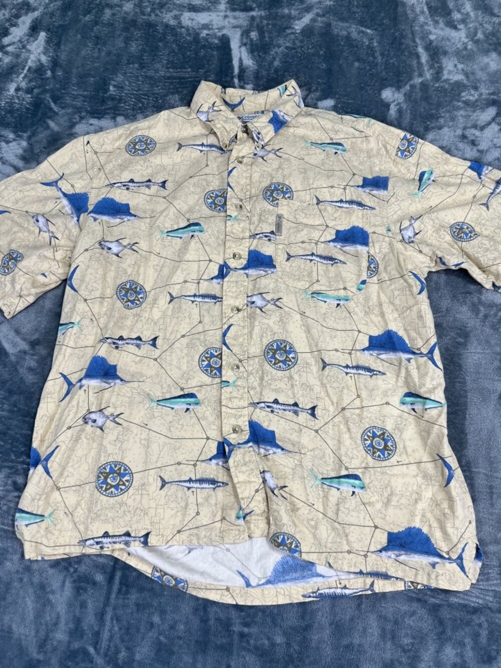 Columbia Mens PFG Fish Print Short Sleeve Button-Up Shirt XXL Beige Blue